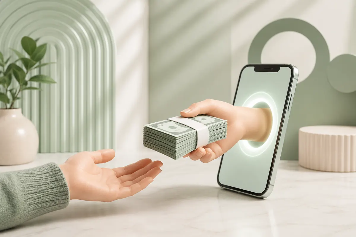 Illustration d'un transfert d'argent: une main sort de l'écran d'un téléphone pour remettre des billets à une autre main