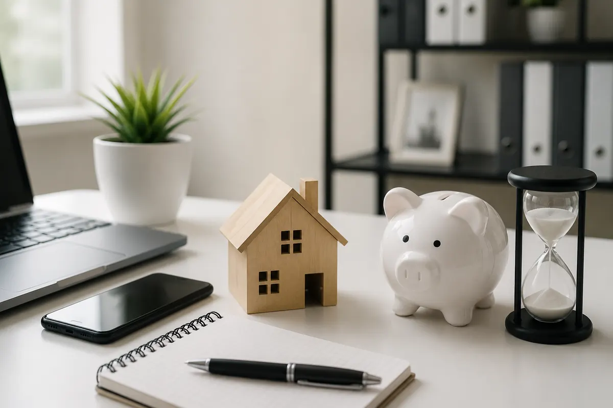 Maison miniature en bois, tirelire et sablier sur un bureau avec un ordinateur portable et un carnet